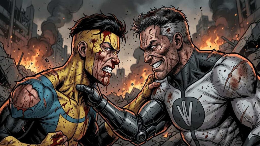 Invincible fighting Conquest in a destroyed city during their final battle