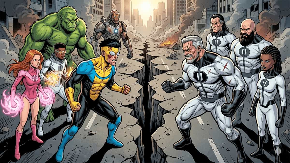 Invincible and his team face Conquest and his Viltrumite squad in a dramatic standoff, both leaders ready to fight