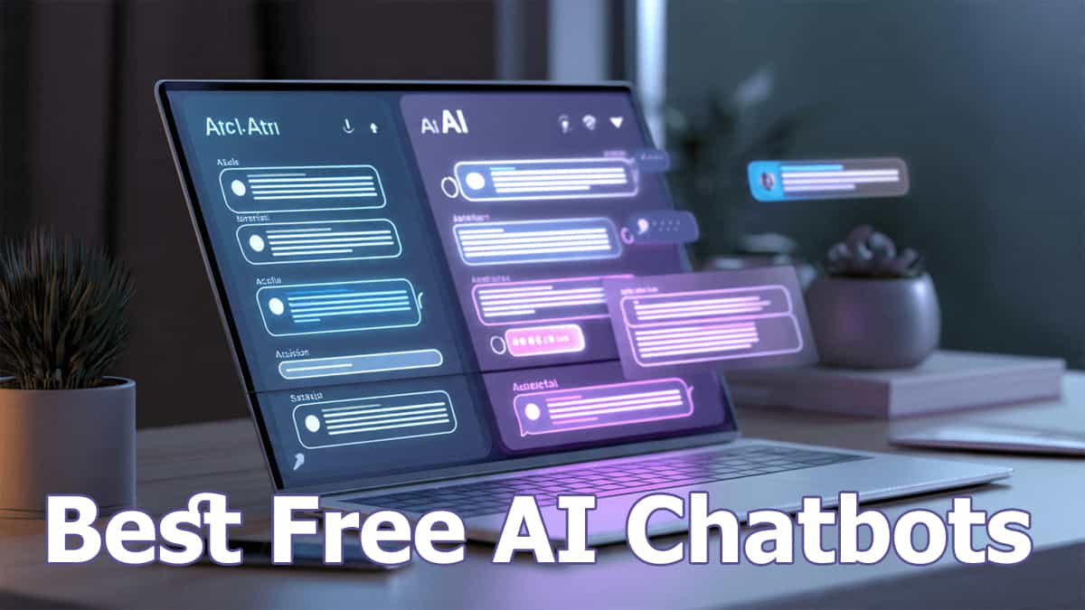 Professional workspace showing AI chatbot online interface on laptop screen with glowing digital chat elements for modern AI chat tools.