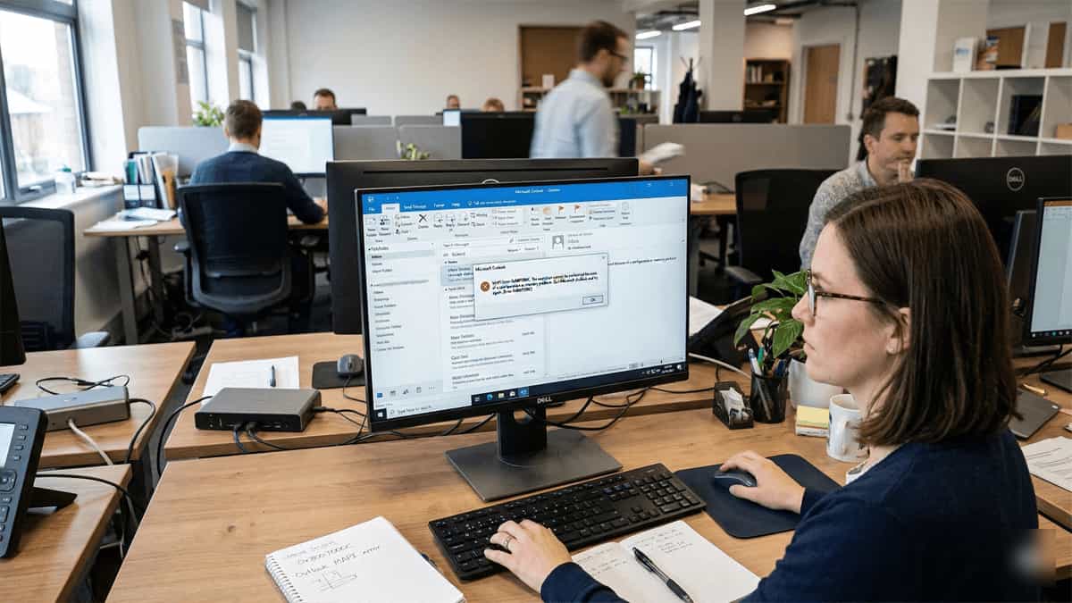 A computer monitor displaying a Microsoft Outlook MAPI Error 0x8007000C notification in a professional office setting, representing technical troubleshooting for email connectivity.