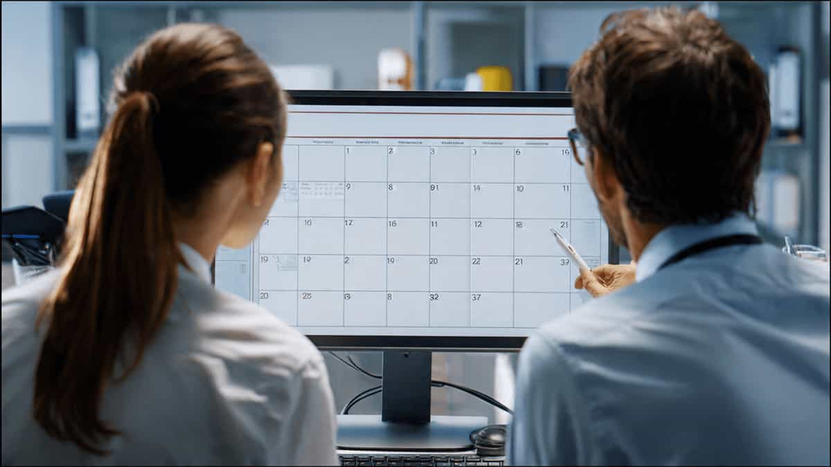 Two colleagues in a professional office looking at a blank Microsoft Outlook shared calendar on a monitor, illustrating common calendar permission and sync issues.