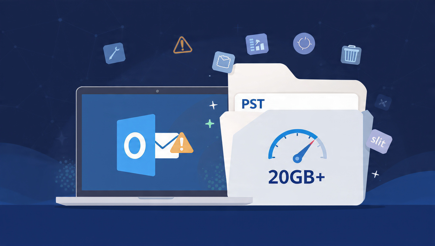 Flat vector illustration of a laptop with Outlook showing slow performance, next to an oversized PST folder with 20GB+ warning, speedometer, and split/compact icons