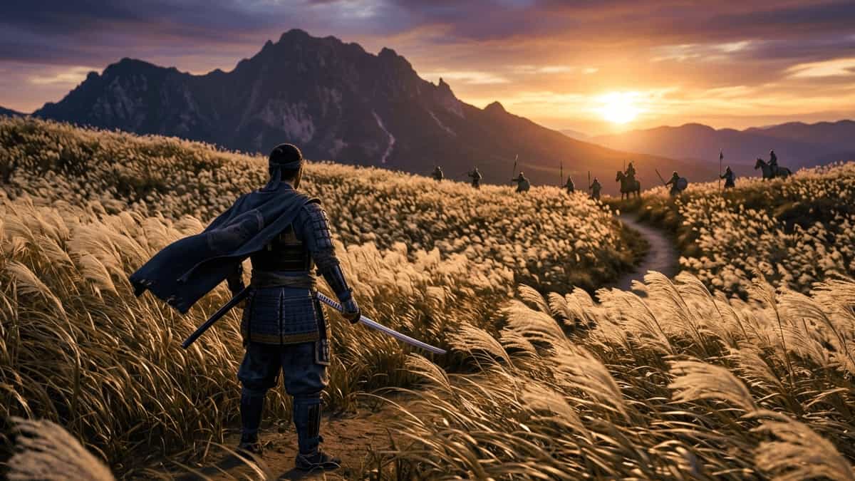 Ghost of Tsushima samurai standing in tall grass field cinematic scene PS5 game