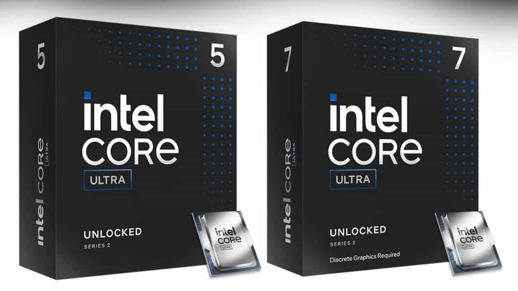 Intel Core Ultra 5 245KF vs Core Ultra 7 265KF Arrow Lake CPU comparison showing processor boxes and chips