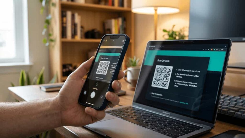 Close-up of a hand holding an iPhone scanning WhatsApp Web QR code on a laptop, showing a subtle linking animation, in a professional home office setup.