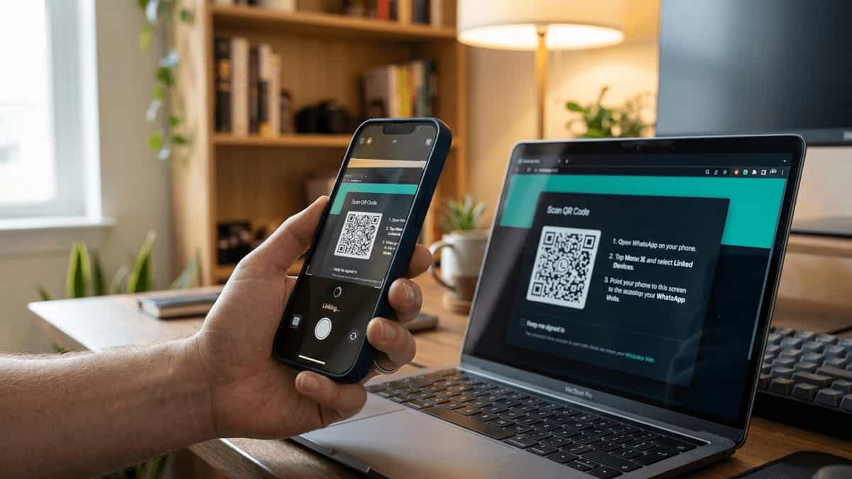 Close-up of a hand holding an iPhone scanning WhatsApp Web QR code on a laptop, showing a subtle linking animation, in a professional home office setup.