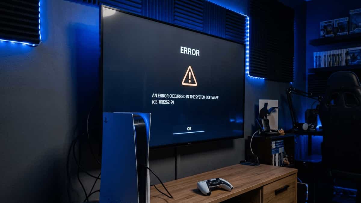 PS5 error CE-108262-9 on screen with PlayStation 5 console and controller setup