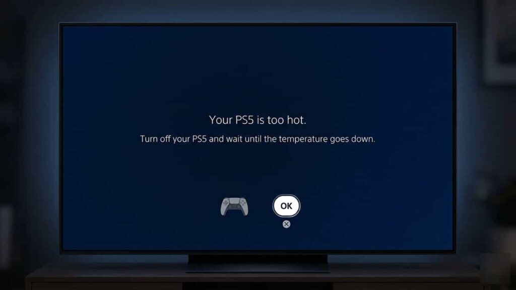 PlayStation 5 overheating warning screen displaying 'Your PS5 is too hot' message with instructions to turn off the console