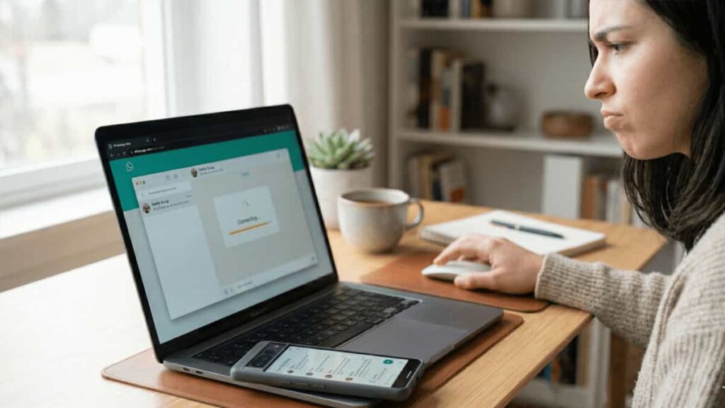 WhatsApp Web on laptop showing no new messages while phone shows unread chats