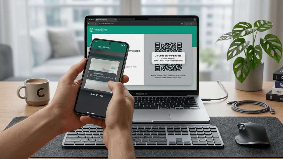 WhatsApp Web QR code not scanning on laptop with user holding phone. Step-by-step troubleshooting guide.