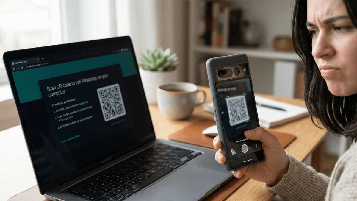 Smartphone camera trying to scan dim WhatsApp Web QR code on laptop screen