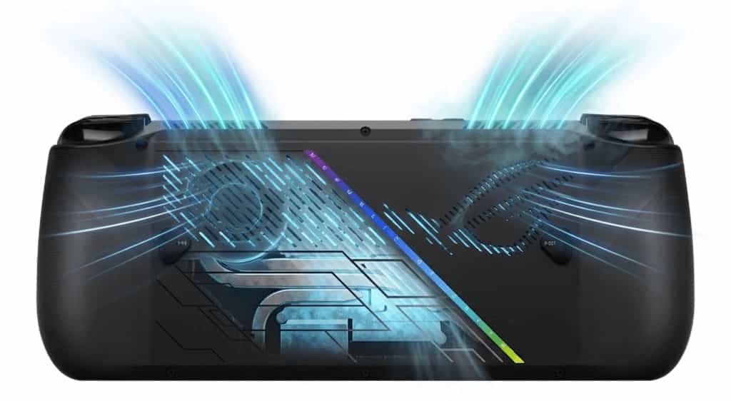A back view of the black ASUS ROG Ally X handheld console, showing the dual-fan cooling system in action. Bright blue and cyan air flow trails and vapor clouds erupt from the top vents, with an illuminated circuit board graphic on the main panel. The text "REPUBLIC OF GAMERS" is visible on the diagonal stripe. Set against a clean white background.