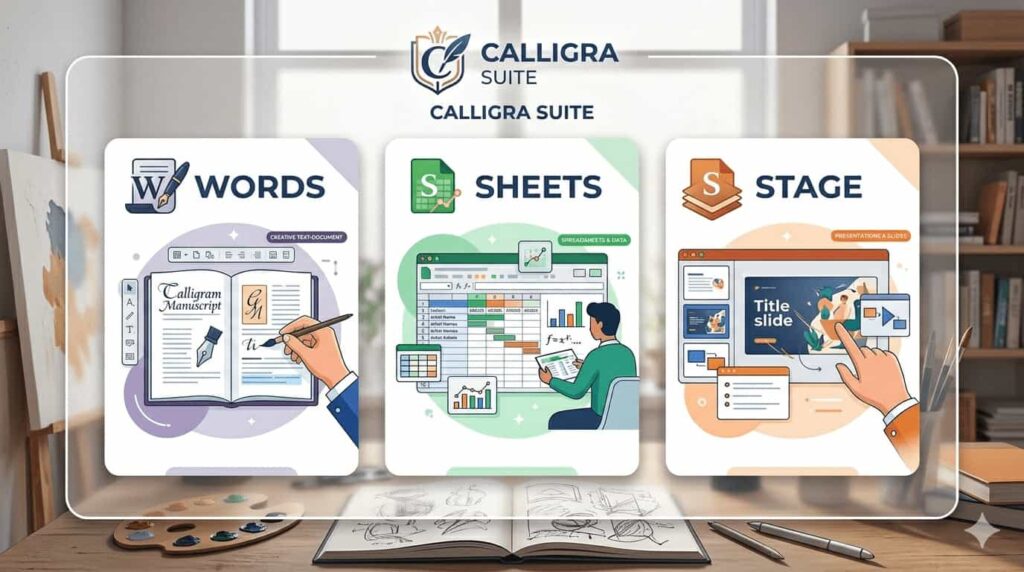 verview of Calligra Suite tools: Words for documents, Sheets for data, and Stage for creative presentations on Linux