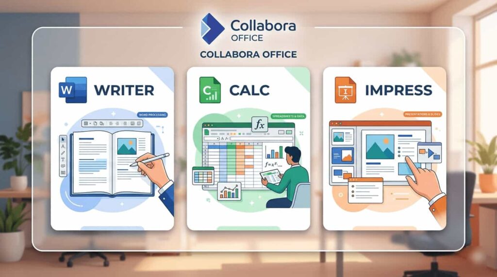 Illustrative overview of Collabora Office apps: Writer for text, Calc for spreadsheets, and Impress for presentations.