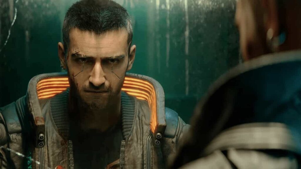 Close-up of V, the protagonist of Cyberpunk 2077, wearing the iconic Samurai jacket with glowing orange collar in a neon-lit Night City mirror.