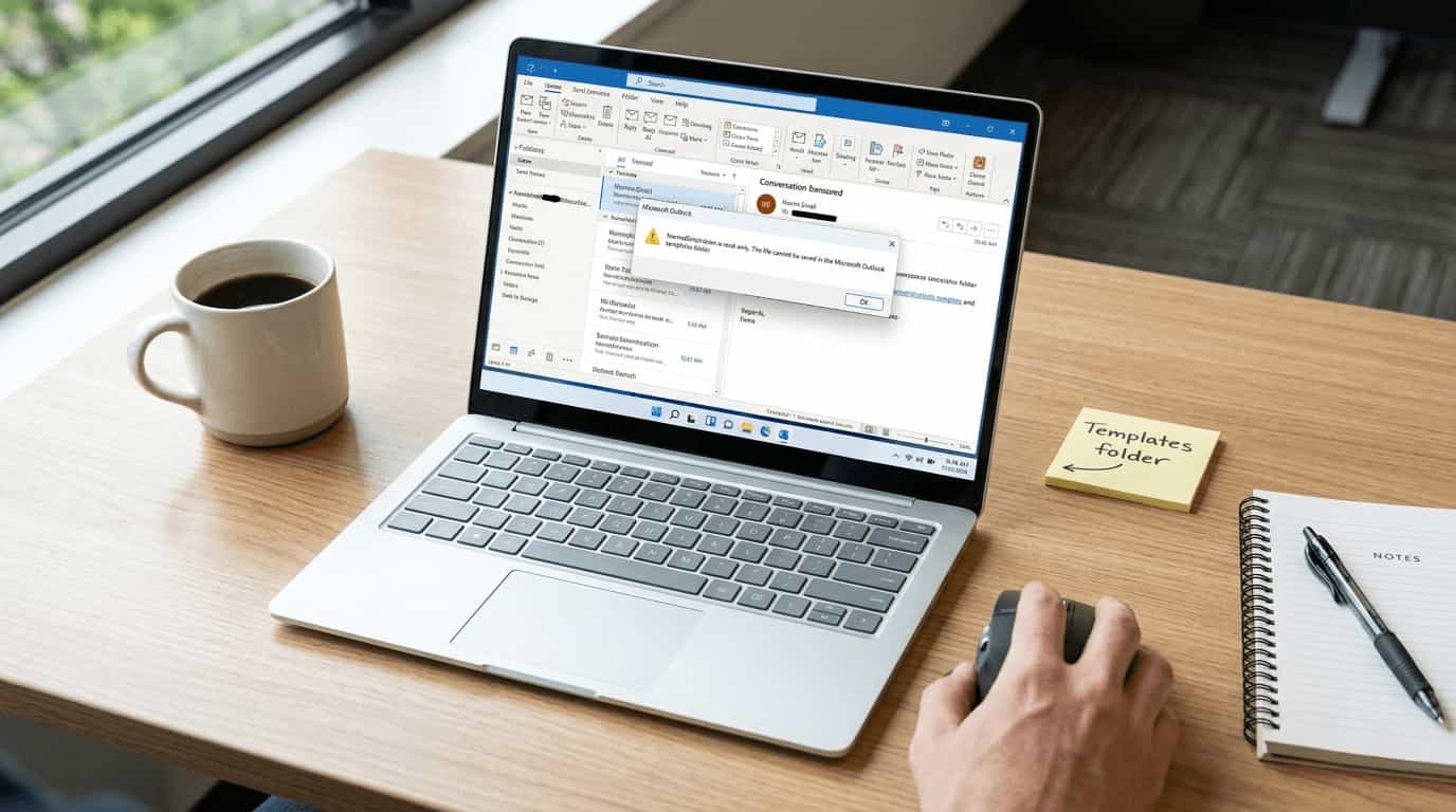 Outlook error dialog showing NormalEmail.dotm file problem on laptop screen