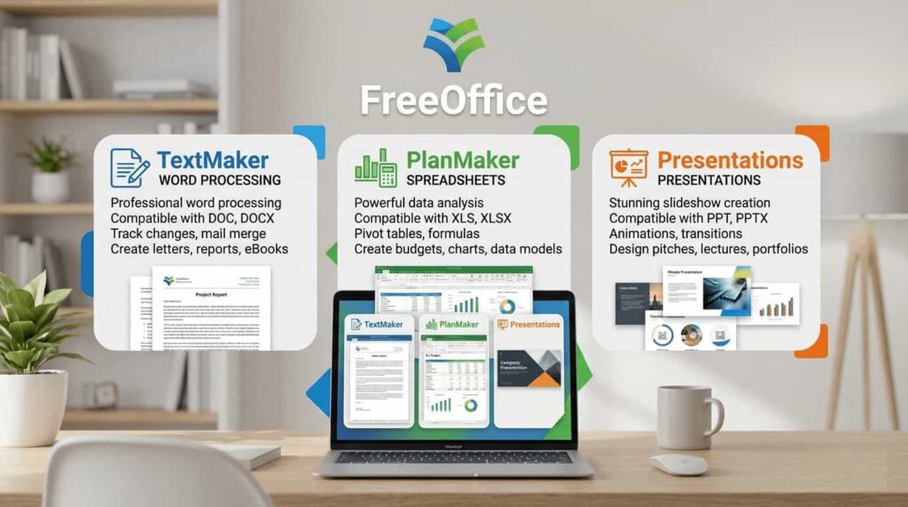 Infographic of FreeOffice by SoftMaker showing TextMaker for word processing, PlanMaker for spreadsheets, and Presentations for slideshows.