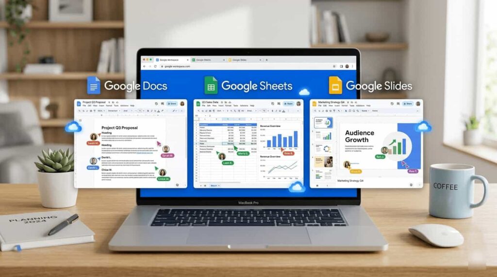 Google Docs, Sheets, and Slides interface on a laptop showcasing real-time collaboration and cloud-based editing.