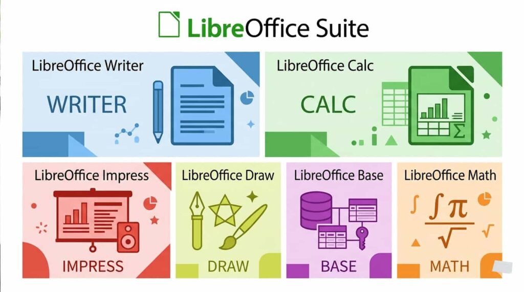 Infographic showing LibreOffice suite components: Writer, Calc, Impress, Draw, Base, and Math for Ubuntu Linux.