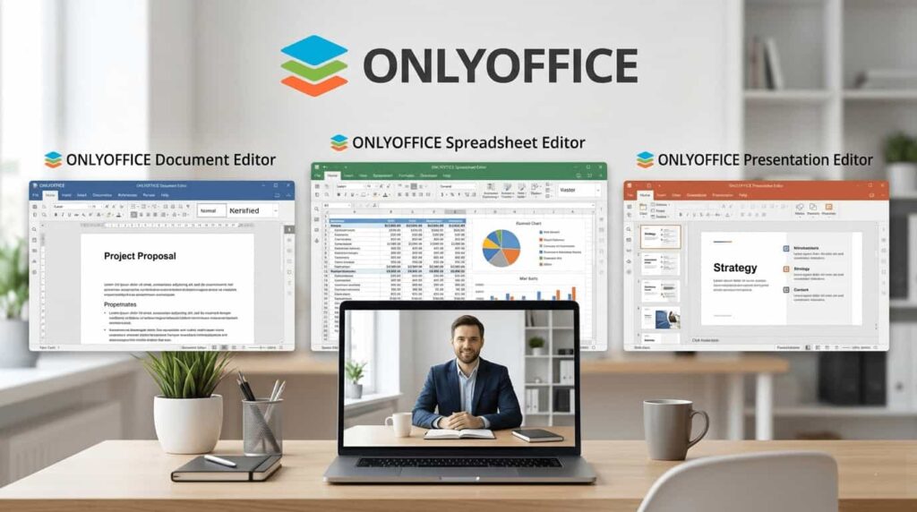 Overview of ONLYOFFICE Document, Spreadsheet, and Presentation editors showing a professional, modern user interface.