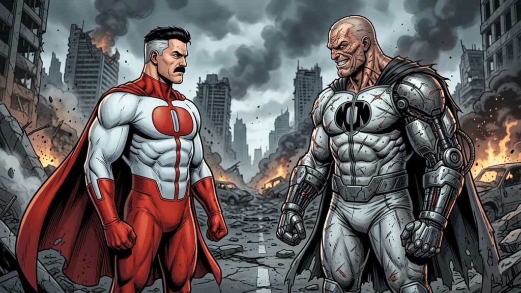 Omni-Man facing Conquest in a destroyed city before a battle