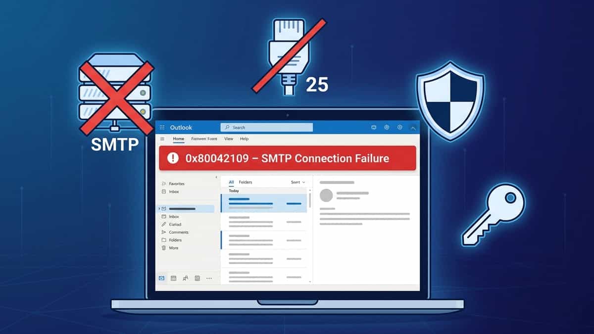Flat vector illustration of a laptop with Outlook error 0x80042109, surrounded by SMTP server, blocked port 25, firewall shield, authentication key, and OAuth2 badge on a dark blue grid background