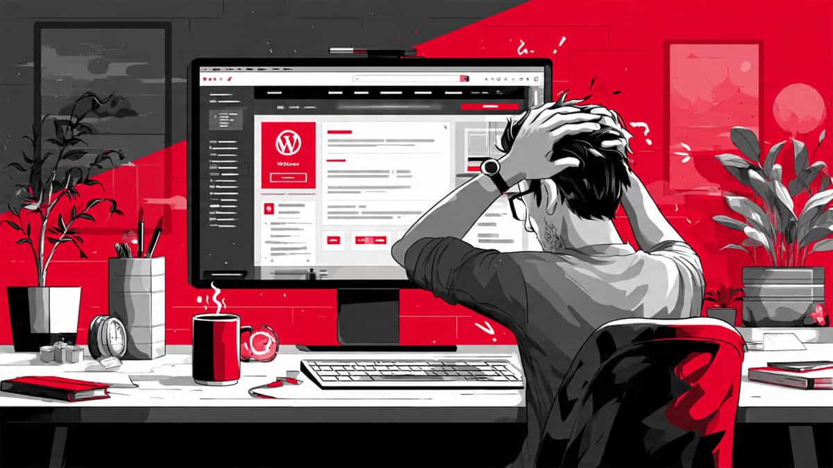 Frustrated programmer troubleshooting WordPress plugin error on large monitor showing critical error message