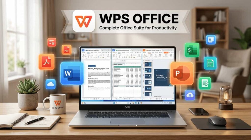 WPS Office suite interface on a laptop showing Word, Spreadsheet, and Presentation modules with high Microsoft Office compatibility.