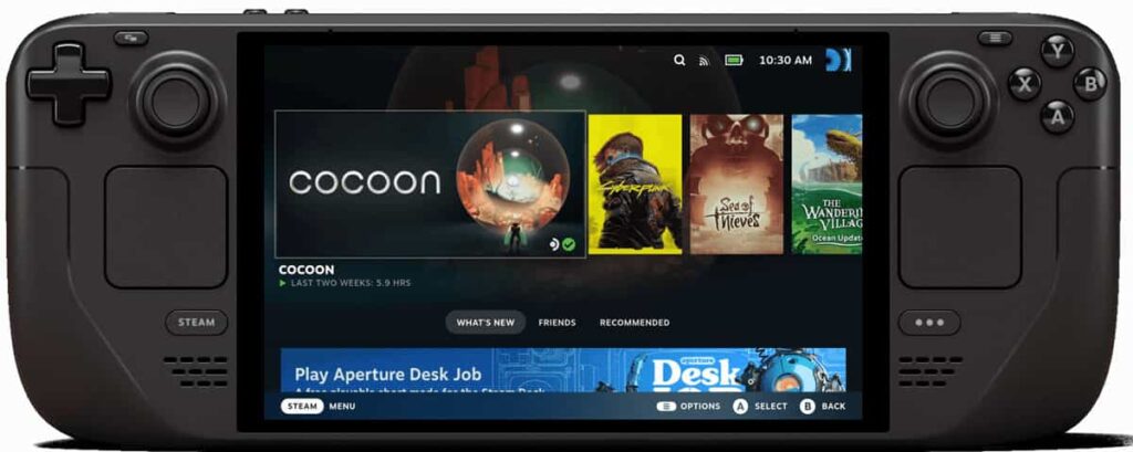 The Valve Steam Deck OLED displaying the SteamOS library with high contrast blacks