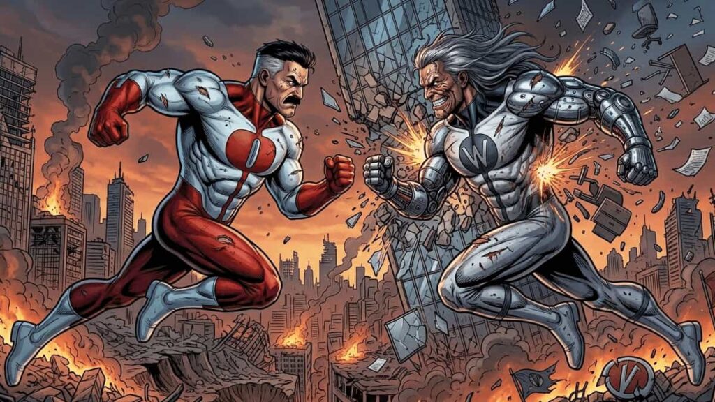 Thragg fighting Omni-Man mid air above destroyed city