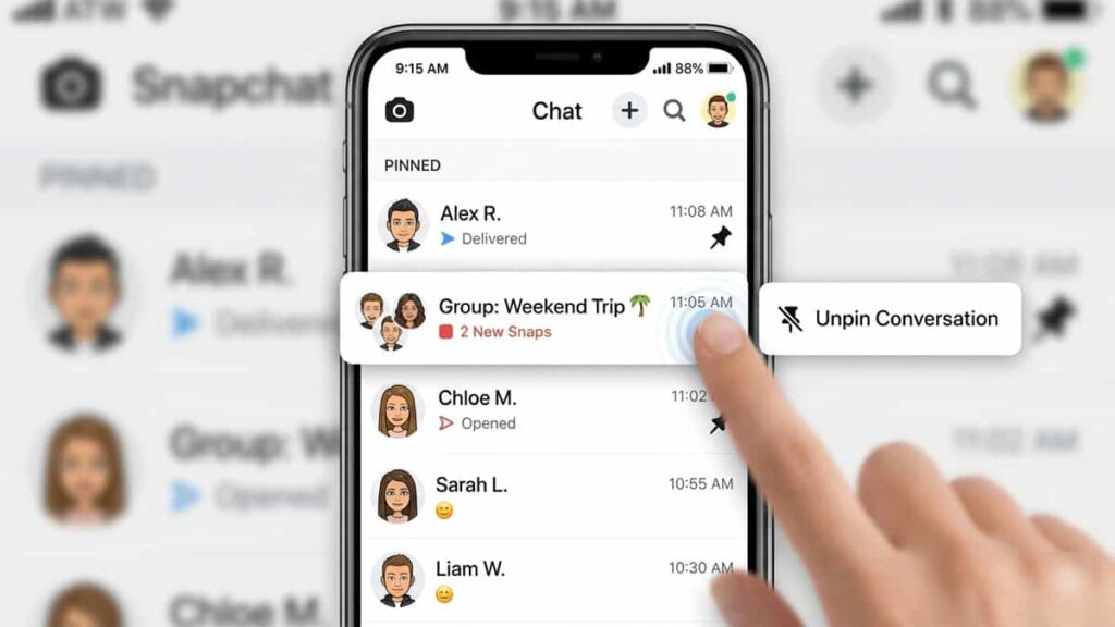 Unpin someone on Snapchat by long-pressing pinned chat and selecting Unpin Conversation