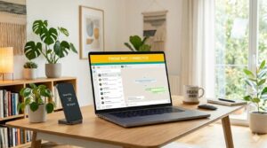 A laptop screen showing a yellow "Phone Not Connected" banner on WhatsApp Web next to a smartphone displaying a "No Signal" message.