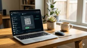 A laptop on a wooden desk displaying a "Session Expired" notification and a QR code on the WhatsApp Web interface.