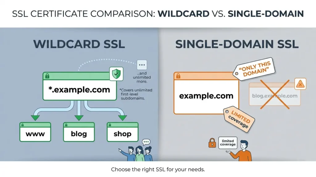 Diagram comparing Wildcard SSL coverage (unlimited first-level subdomains) to single-domain SSL coverage (only the main domain)