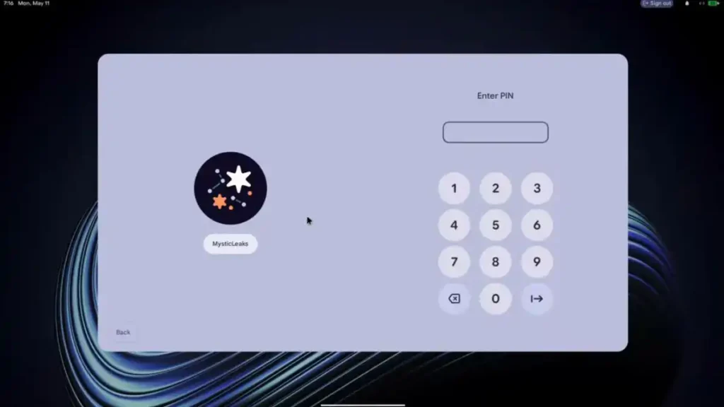 The Aluminium OS login screen showing a minimalist "Enter PIN" keypad interface for a user profile named "MysticLeaks" over a dark abstract background.