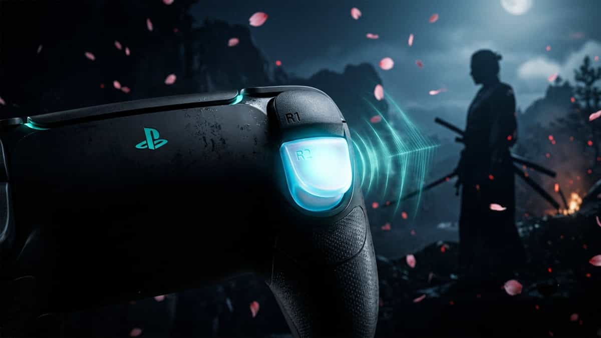 Close-up of a PS5 DualSense controller adaptive trigger with a ghostly samurai silhouette in the background, illustrating the Ghost of Tsushima adaptive triggers stuck or losing resistance issue.