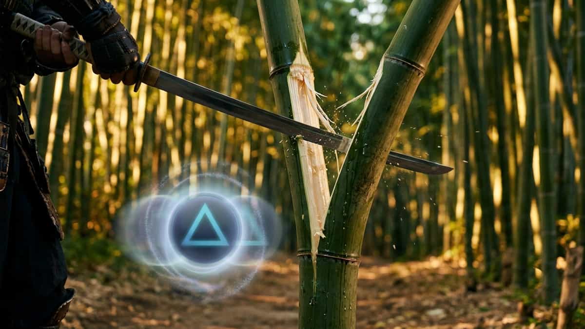 Close-up of a bamboo stalk being sliced in Ghost of Tsushima with a glowing PS5 DualSense button prompt fading in the foreground, illustrating Bamboo Strikes failing to register inputs on PS5.