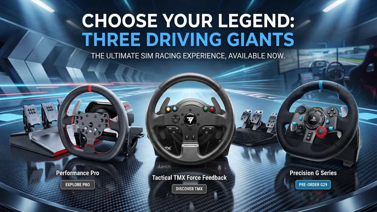 Three sim racing wheels side by side: Performance Pro, Thrustmaster TMX Force Feedback, and Logitech G29 with pedals.