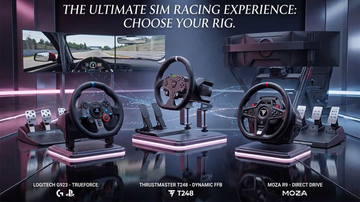 Logitech G923, Thrustmaster T248, and Moza R9 sim racing wheels with pedal sets displayed on pedestals.