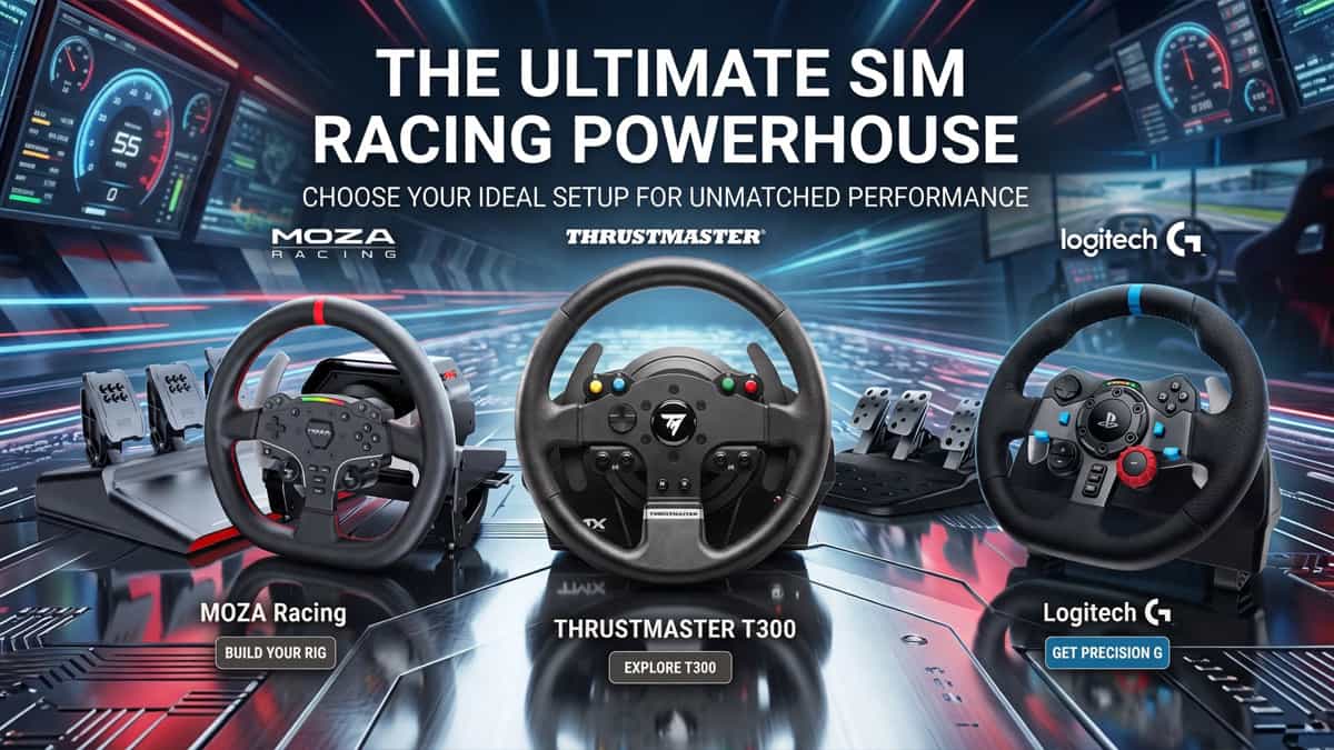 Moza Racing, Thrustmaster T300, and Logitech G Series sim racing wheels side by side with pedals on a racing track.
